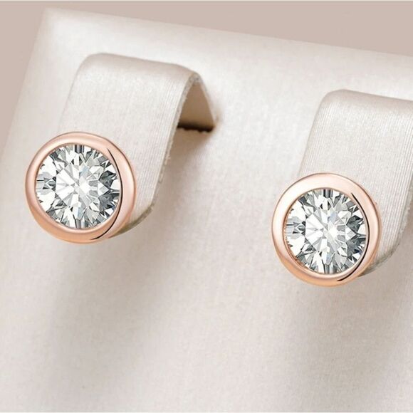 14K Rose Gold Natural Zircon Bezel Stud Earrings - Picture 4 of 4